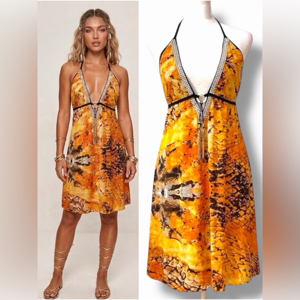 NWT Donatella Corrine Mini Dress Orange Leopard Swarovski Tassel Backless Halter